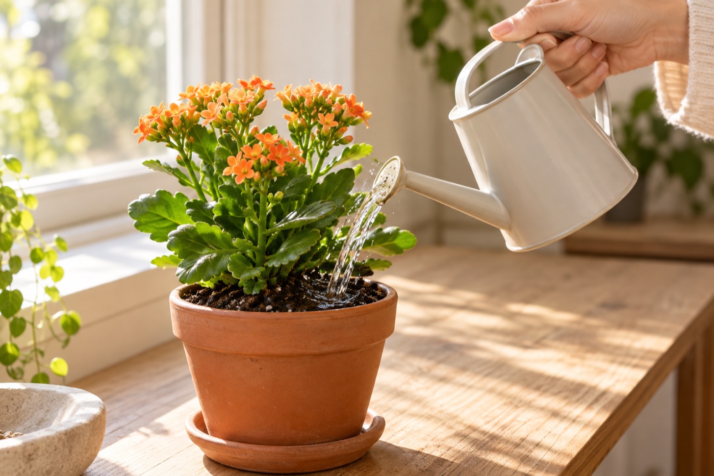 窓辺の鉢植えに水をやる手