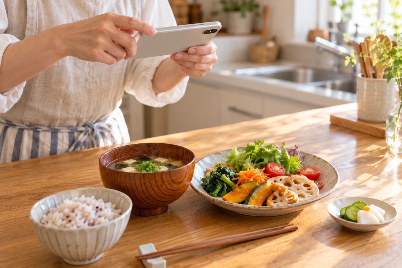 自宅で食事をスマホで記録している様子