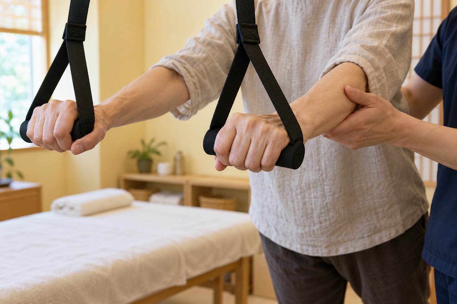 ストラップを握る手と、前腕を支える施術者の手元